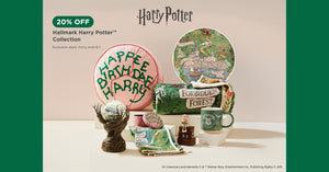 A promotional display for the Hallmark Harry Potter Collection, featuring themed mugs, a decorative plate, a small figurine, and other collectible items arranged on a tabletop against a beige background with green side bars. Visible text includes 'Harry Potter,' '20% OFF,' and 'Hallmark Harry Potter Collection.