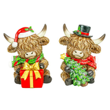 Highland Cow with Christmas Tree or Present Figurine 4.5"