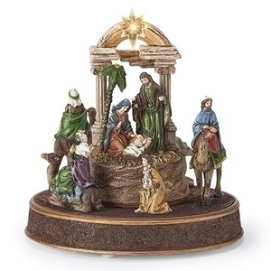 9.25" Holy Family Nativity with 3 Kings and Shepherd Boy Lighted Musical Rotating Figurine