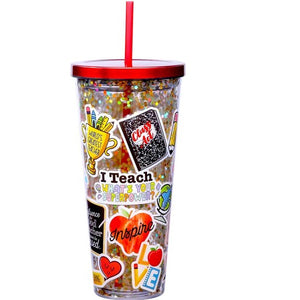 Teacher Stickers Glitter Cup with Straw 32 Oz.