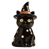 LED Light Up Black Cat with Witch Hat Ceramic Sitter Figurine 5"