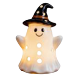 LED Light Up Ghost with Witch Hat Ceramic Sitter Figurine 4.75"