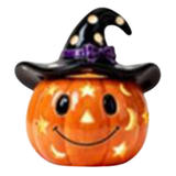 LED Light Up Jack-O-Lantern Pumpkin with Witch Hat Ceramic Sitter Figurine 4.75"