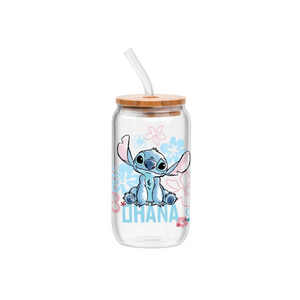 Lilo and Stitch Ohana Sitting 16 Oz. Glass Tumbler with Bamboo Lid and Glass Straw