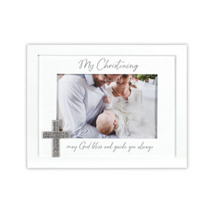 Malden My Christening White Wooden Picture Frame with Silver Sentiment Cross Holds 4" x 6" Photo
