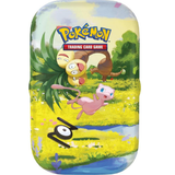 A Pokémon Trading Card Game card deck box featuring a colorful illustration of Mew, a Poochyena, and other Pokémon characters in a grassy outdoor scene.