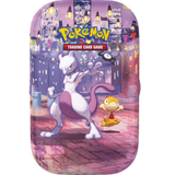 Pokémon Trading Card Game booster pack featuring Mew and a small yellow bird character on a purple-toned illustrated city street background.