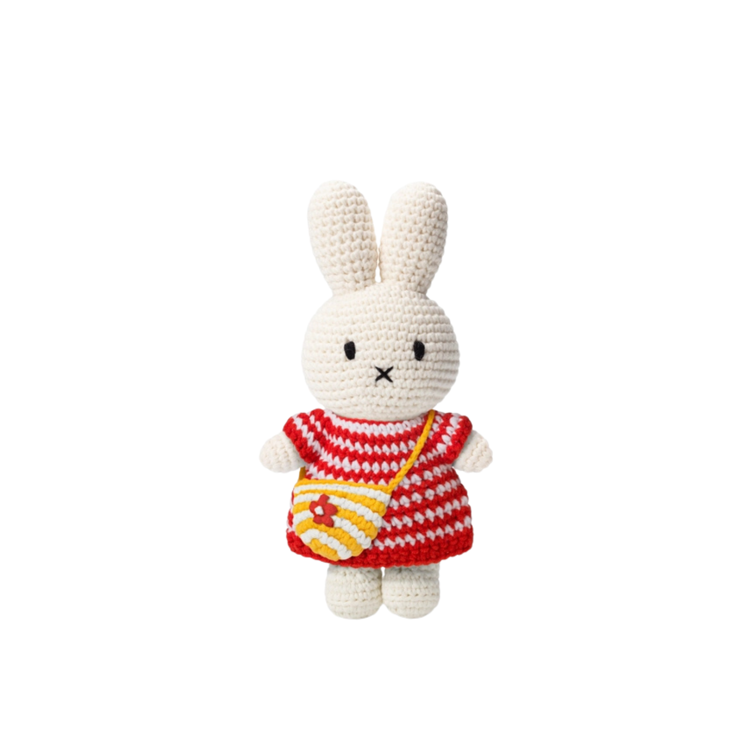 ◆ miffy Miffy in Striped Red Dress and Yellow Bag Crocheted Plush Stuffed