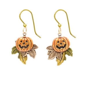 Silver Forest Jack O'Lantern on Leaf Earrings