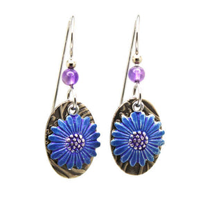 Silver Forest Blue Flower on Metal Oval Drop Earrings