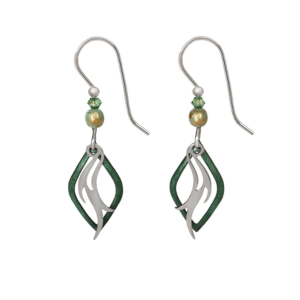 Silver Forest Green and Silver-Tone Flame Layered Metal Drop Earrings
