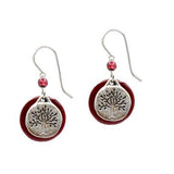 Silver Tree of Life Drop Earrings with Deep Red Accent