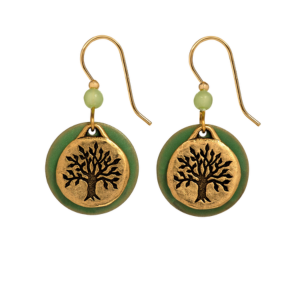 Silver Forest Tree Of Life on Light Green Disc. Earrings