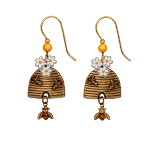 Silver Forest Beehive with Bee's and White Flowers Drop Earrings