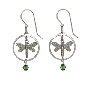 Silver Forest Dragon Fly in Circle with Light Green Bead Drop Earrings