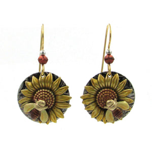 Silver Forest Sunflower and Bee Layered Mixed Metal Earrings
