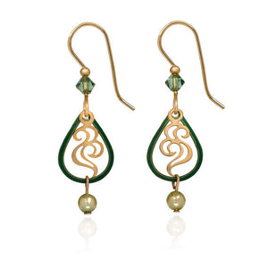 Silver Forest Green and Gold Open Teardrop Earrings