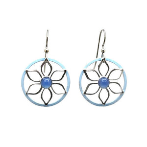 Silver Forest Open Flower With Blue Onyx Silver Metal Earrings