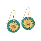 Silver Forest Golden Sunflower on Textured Teal Disc Earrings