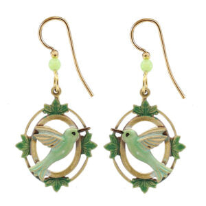 Silver Forest Green Hummingbird in Vintage Frame Pierced Earrings