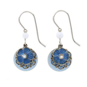 Silver Forest Disk with Blue Flower and Filligree Pierced Earrings