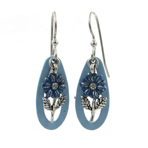 Silver Forest Blue Oval and Flower Drop Earrings
