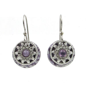 Silver Forest Purple Stone and Metal Flower Layered Drop Earrings