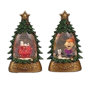 6" Peanuts Snoopy Charlie Brown Holiday Shimmer Green Tree Light Up Water Globe
