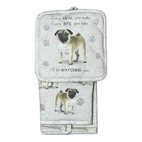 Pug Dog Lover's Oven Mitt, Potholder, and Kitchen Towel Set, 100% Cotton