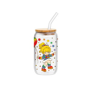 Rainbow Brite RB Balloon Star Dots 16 Oz. Glass Tumbler with Bamboo Lid and Glass Straw