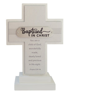 Boxed Baptized In Christ Stand Cross with Metal Accent