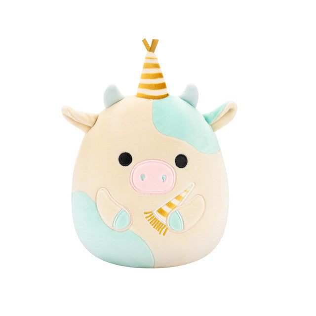 Squishmallow Belana Aqua Spotted Cow with Gold Birthday Hat