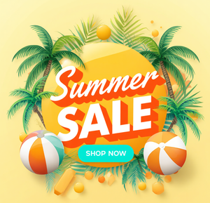 A tropical summer sale promotional graphic with large white text reading 'Summer SALE' over a yellow circle, surrounded by palm trees, beach balls, and a teal 'SHOP NOW' button on a pale yellow background.