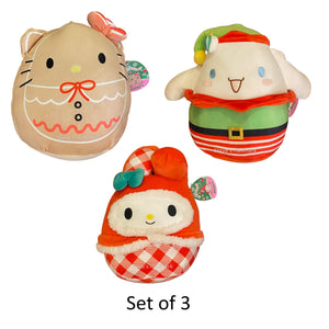 Set of 3 Christmas Squishmallow Sanrio Hello Kitty Gingerbread, Cinnamoroll Elf, and My Melody Gingham 10" Stuffed Plush by Kelly Toy
