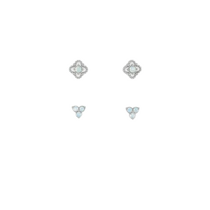 Silver Beaded Petal & Triple Opal Duo Pair Stud Layers Earrings