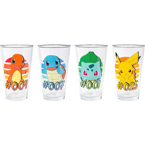 Pokemon Original Starters Charmander, Squirtle, Bulbasaur, and Pikachu Set of 4 16 Oz. Pint Glass Set