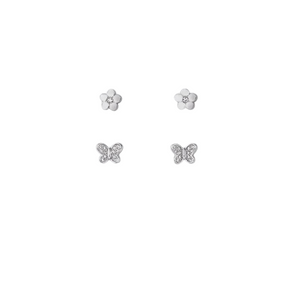 Silver CZ Butterfly & Flower Duo Pair Stud Layers Earrings