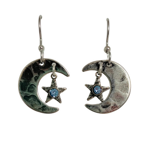 Silver Forest Crescent Moon with Stars Earrings