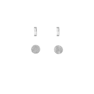 Silver Rectangular CZ & Trax Circle Duo Pair Stud Layers Earrings