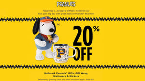 Promotional banner for Peanuts featuring Snoopy holding a mug with a large '20% OFF' text on a bright yellow background, with 'PEANUTS' branding and store offer text.