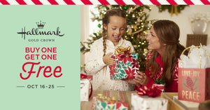 Hallmark Gold Crown holiday sale banner featuring a woman and a young girl wrapping a Christmas gift. The left side displays the text 'Hallmark Gold Crown BUY ONE GET ONE Free OCT 16-25' on a mint green background with red and white striped accents.