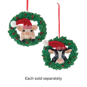 Cow and Pig Wreath Ornaments, 2 Assorted