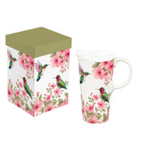 Pink Floral Hummingbirds Ceramic Travel Cup 17 Oz. with Lid and Gift Box