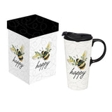 Bee Happy Ceramic Travel Mug with Lid 17 Oz. with Gift Box