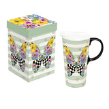 Checkered Floral Butterfly Ceramic Latte Mug the Perfect Cup with Gift Box 17oz