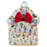 Disney100 Mickey & Friends Classic All-Over Print Iridescent Mini Backpack With Ear Headband (Front with ear headband with bow)