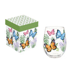 Pink Blue and Monarch Butterflies Stemless Wine Glass with Gift Box 17oz