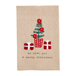 We Wish You a Merry Christmas Tree with Presents French Knot Tea Towel