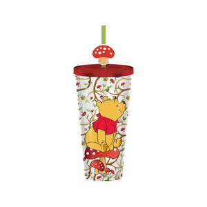 Winnie the Pooh Mushrooms Bees and Flora  24 Oz. Plastic Cold Cup with Lid and Topper Straw