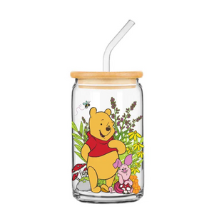 Winnie the Pooh Floral with Mushrooms Comp 16 Oz. Glass Tumbler with Bamboo Lid and Glass Straw